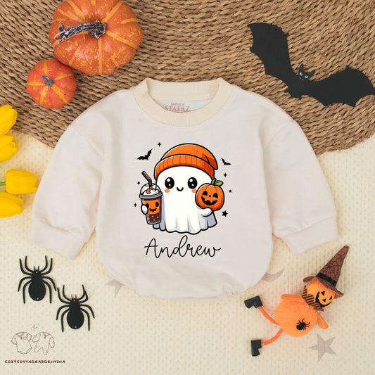Custom Andrew Ghost Romper Halloween Outfit, Baby Boy Pumpkin Costume with Bubble Tea, Playful First Halloween Bodysuit, Cute Fall Romper (139 chars)
