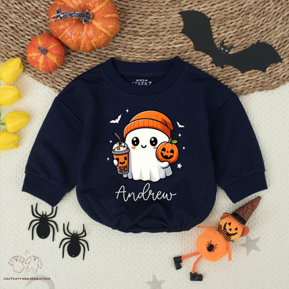 Custom Andrew Ghost Romper Halloween Outfit, Baby Boy Pumpkin Costume with Bubble Tea, Playful First Halloween Bodysuit, Cute Fall Romper (139 chars)