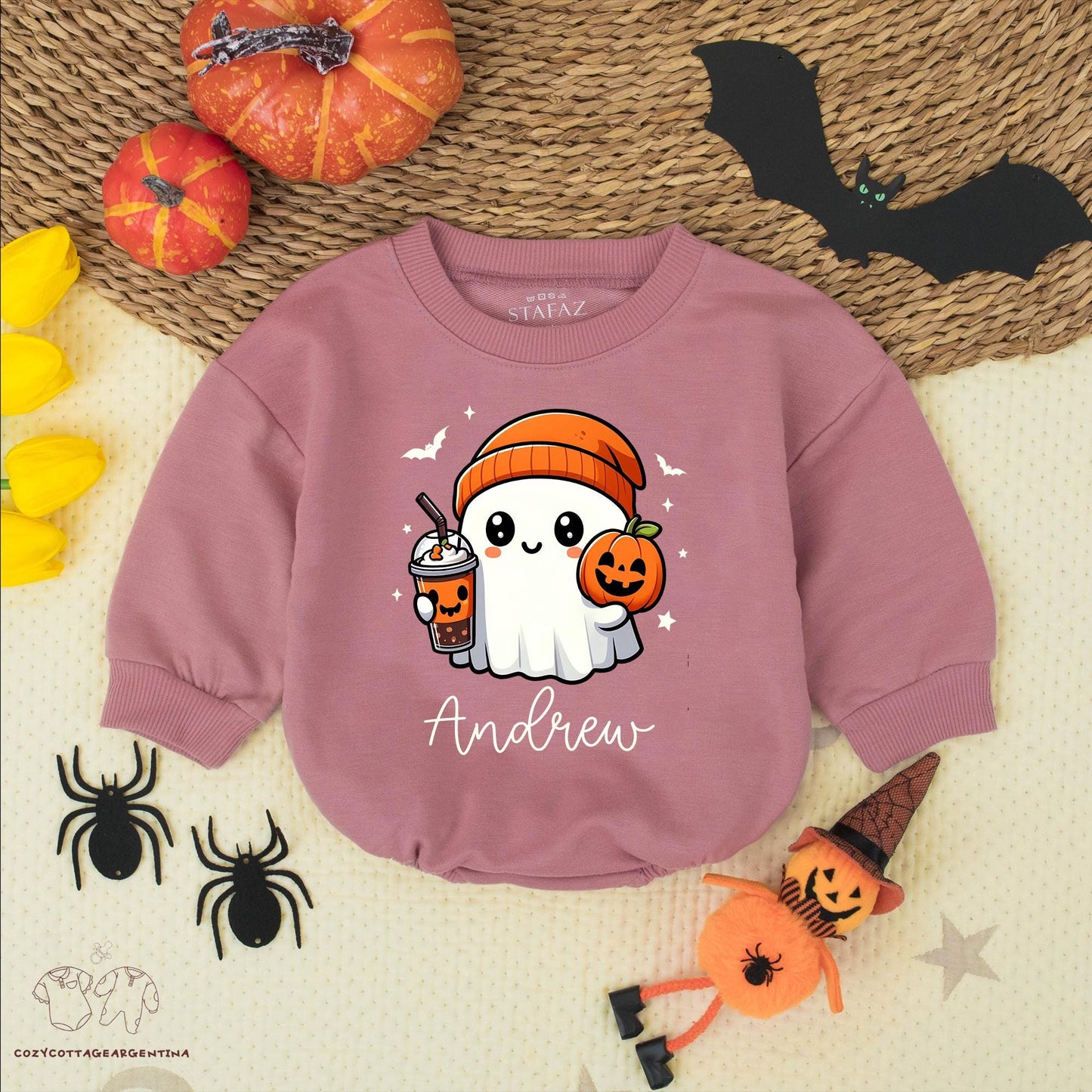 Custom Andrew Ghost Romper Halloween Outfit, Baby Boy Pumpkin Costume with Bubble Tea, Playful First Halloween Bodysuit, Cute Fall Romper (139 chars)