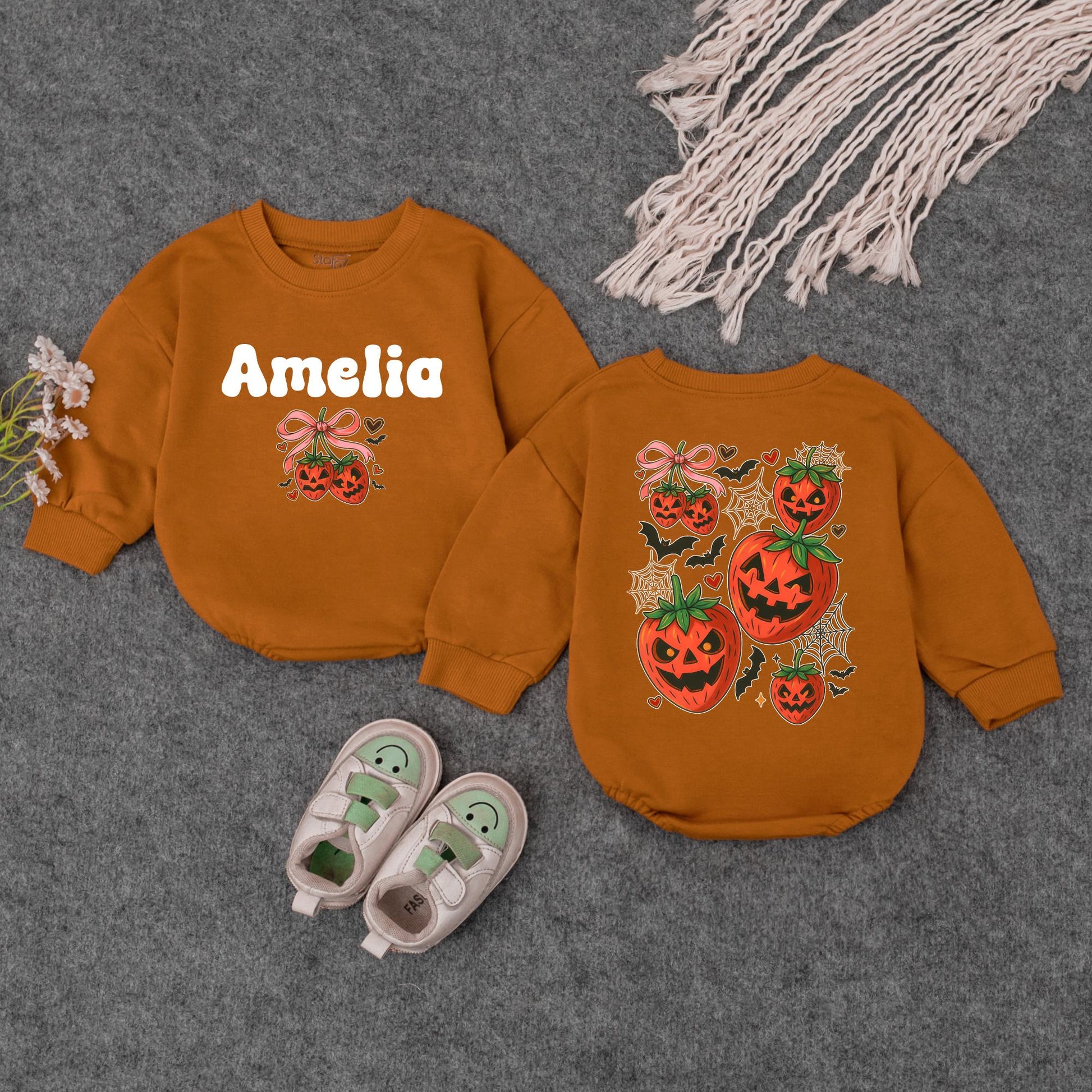 Amelia's First Halloween Sweatshirt, Cute Pumpkin Outfit, Personalized Baby Girl Fall Clothes, Jack-o'-lantern, Bats & Bows, Custom Name, Baby Shower Gift (138 chars)