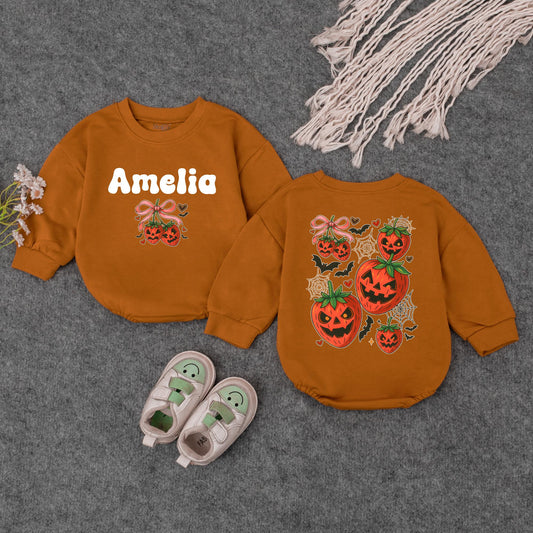 Amelia's First Halloween Sweatshirt, Cute Pumpkin Outfit, Personalized Baby Girl Fall Clothes, Jack-o'-lantern, Bats & Bows, Custom Name, Baby Shower Gift (138 chars)
