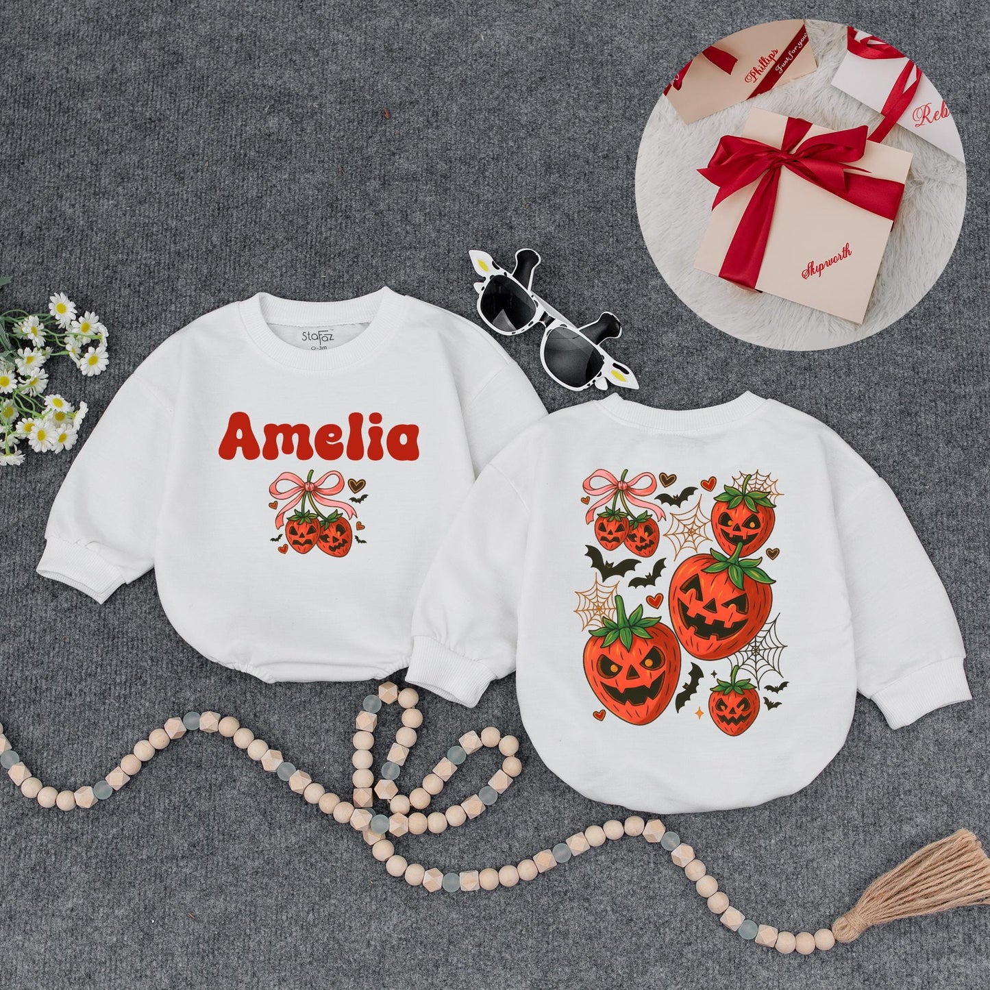Amelia's First Halloween Sweatshirt, Cute Pumpkin Outfit, Personalized Baby Girl Fall Clothes, Jack-o'-lantern, Bats & Bows, Custom Name, Baby Shower Gift (138 chars)