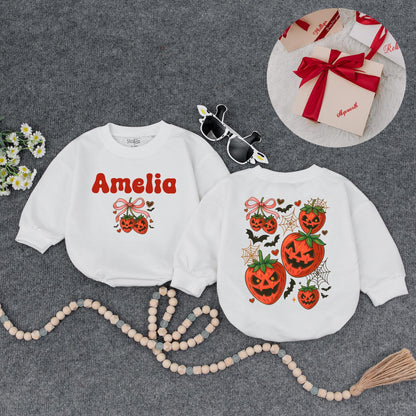 Amelia's First Halloween Sweatshirt, Cute Pumpkin Outfit, Personalized Baby Girl Fall Clothes, Jack-o'-lantern, Bats & Bows, Custom Name, Baby Shower Gift (138 chars)