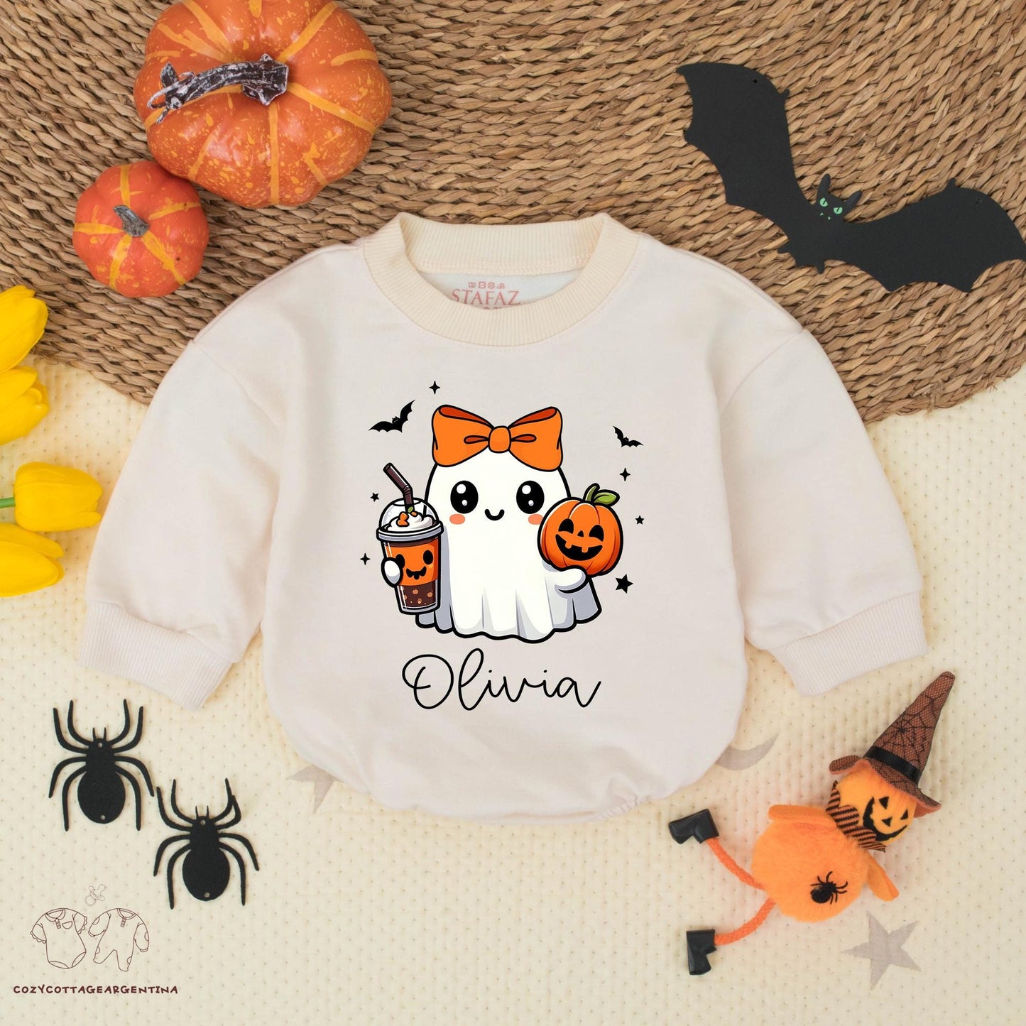 Custom Olivia Ghost Romper, Bow Halloween Outfit, Cute Cartoon Pumpkin Baby Bodysuit, Spooky Trick or Treat, Fall Gift, Personalized Name 135