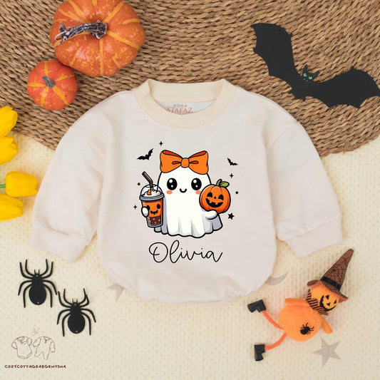 Custom Olivia Ghost Romper, Bow Halloween Outfit, Cute Cartoon Pumpkin Baby Bodysuit, Spooky Trick or Treat, Fall Gift, Personalized Name 135