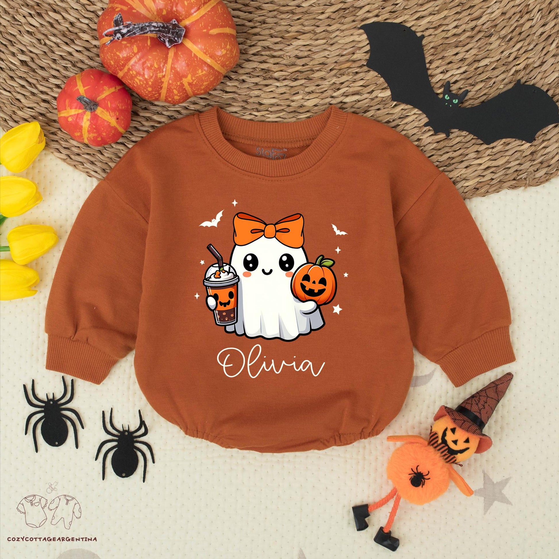 Custom Olivia Ghost Romper, Bow Halloween Outfit, Cute Cartoon Pumpkin Baby Bodysuit, Spooky Trick or Treat, Fall Gift, Personalized Name 135