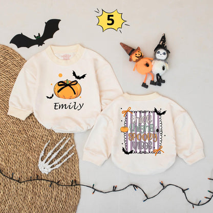 Personalized Thanksgiving Baby Romper Fun Retro Turkey Design with Teal Hair Orange Goggles & Thomas Name Brown Gold Beak Checkered Baby Gift