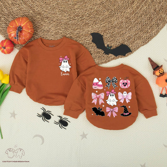 Custom Halloween Baby Girl Romper Pink Ghosts Witch Hat Candy Corn Stars Fall Outfit Retro Gift