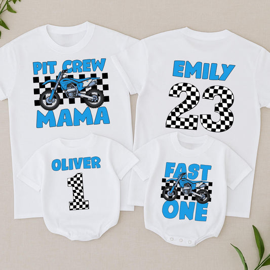 Fast One Pit Crew 1st Birthday Shirt Blue Motorcycle Race Car Party Tee for Birthday Boy or Family Matching Celebration