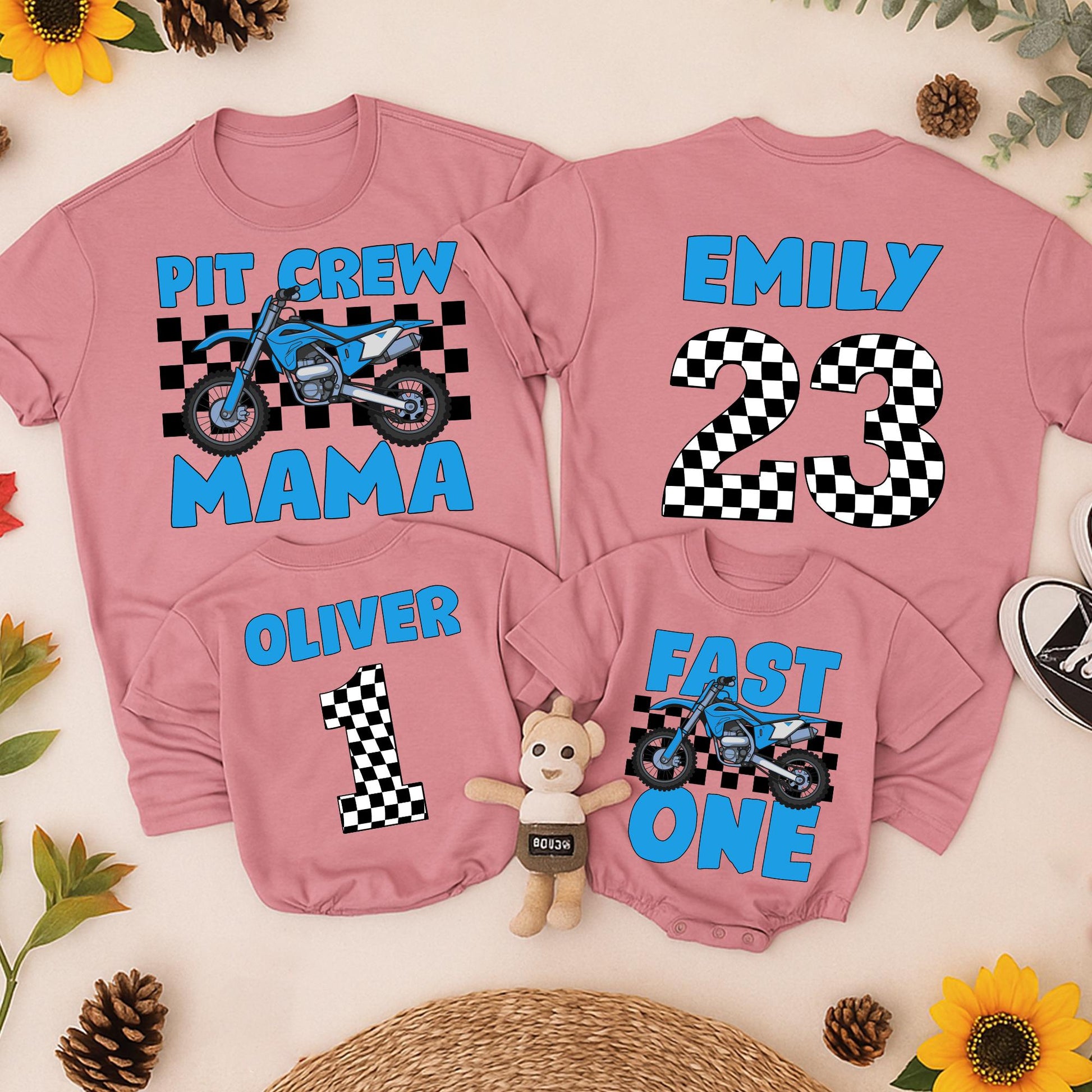 Fast One Pit Crew 1st Birthday Shirt Blue Motorcycle Race Car Party Tee for Birthday Boy or Family Matching Celebration
