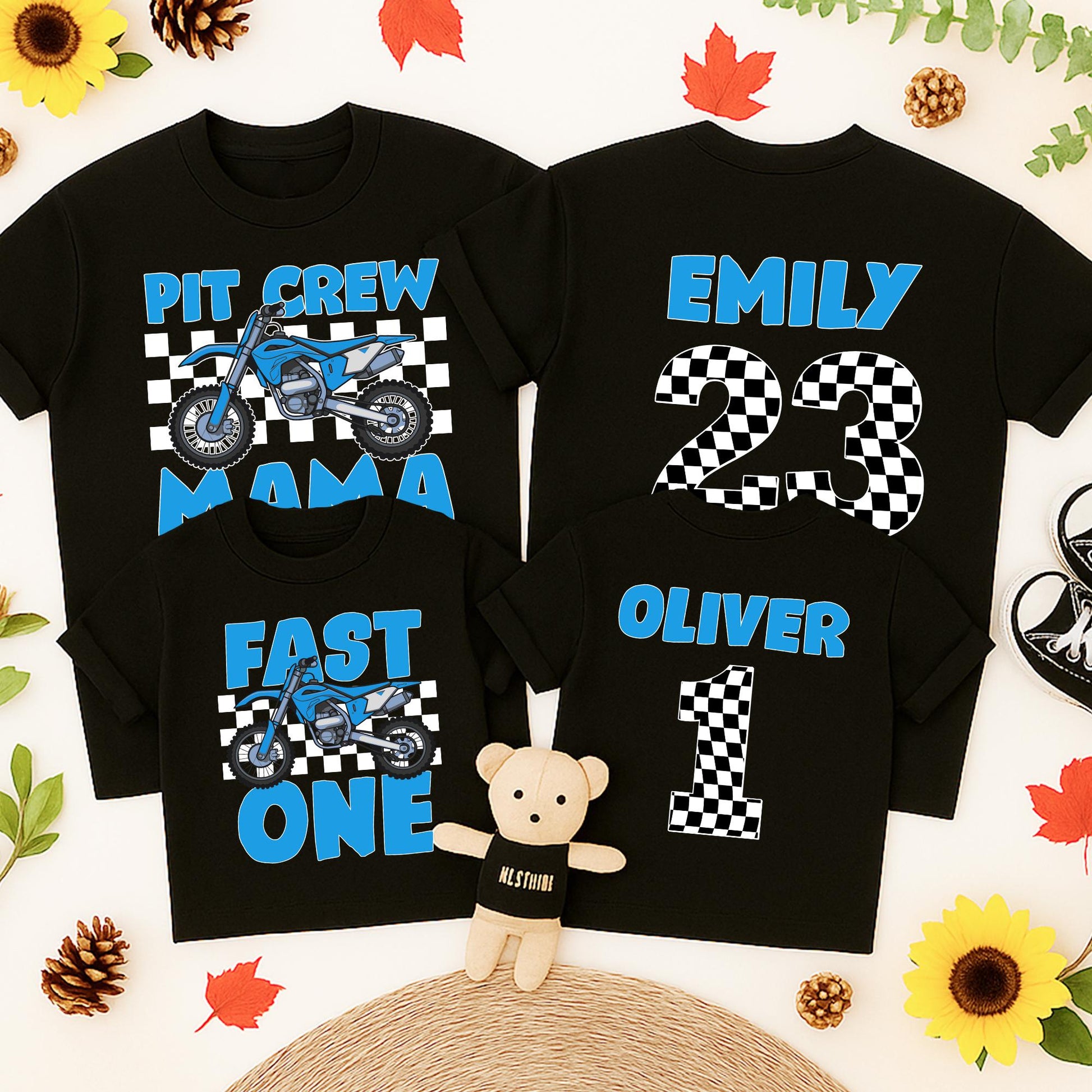 Fast One Pit Crew 1st Birthday Shirt Blue Motorcycle Race Car Party Tee for Birthday Boy or Family Matching Celebration
