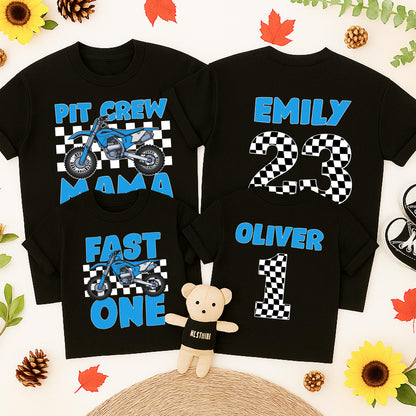 Fast One Pit Crew 1st Birthday Shirt Blue Motorcycle Race Car Party Tee for Birthday Boy or Family Matching Celebration
