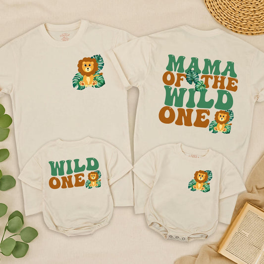 Wild One Birthday Matching Family Shirts, Safari 1st Birthday Boy, Mama Dada Lion Graphic Retro Green Tropical Leaves Cotton First Birthday Outfit Set