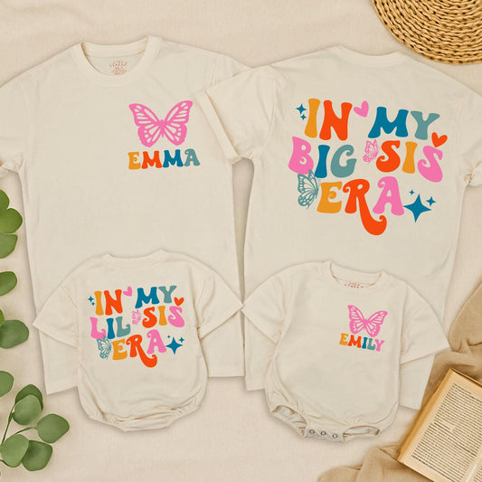 In My Big Sis Era Matching Retro Toddler Tee Cute Big Little Sister Custom Crew Neck Butterfly & Stars