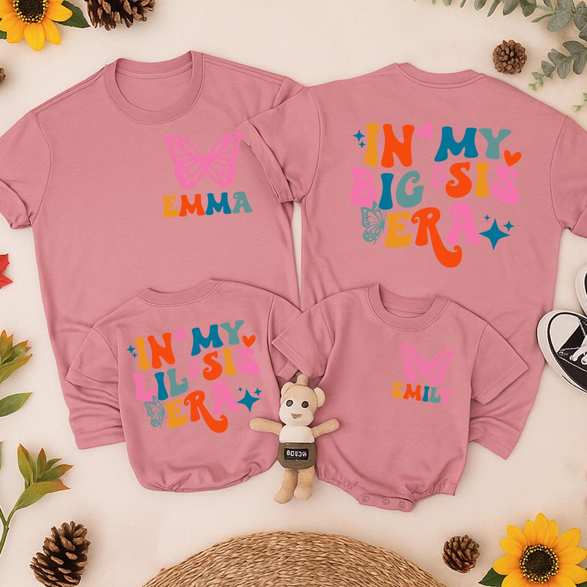 In My Big Sis Era Matching Retro Toddler Tee Cute Big Little Sister Custom Crew Neck Butterfly & Stars