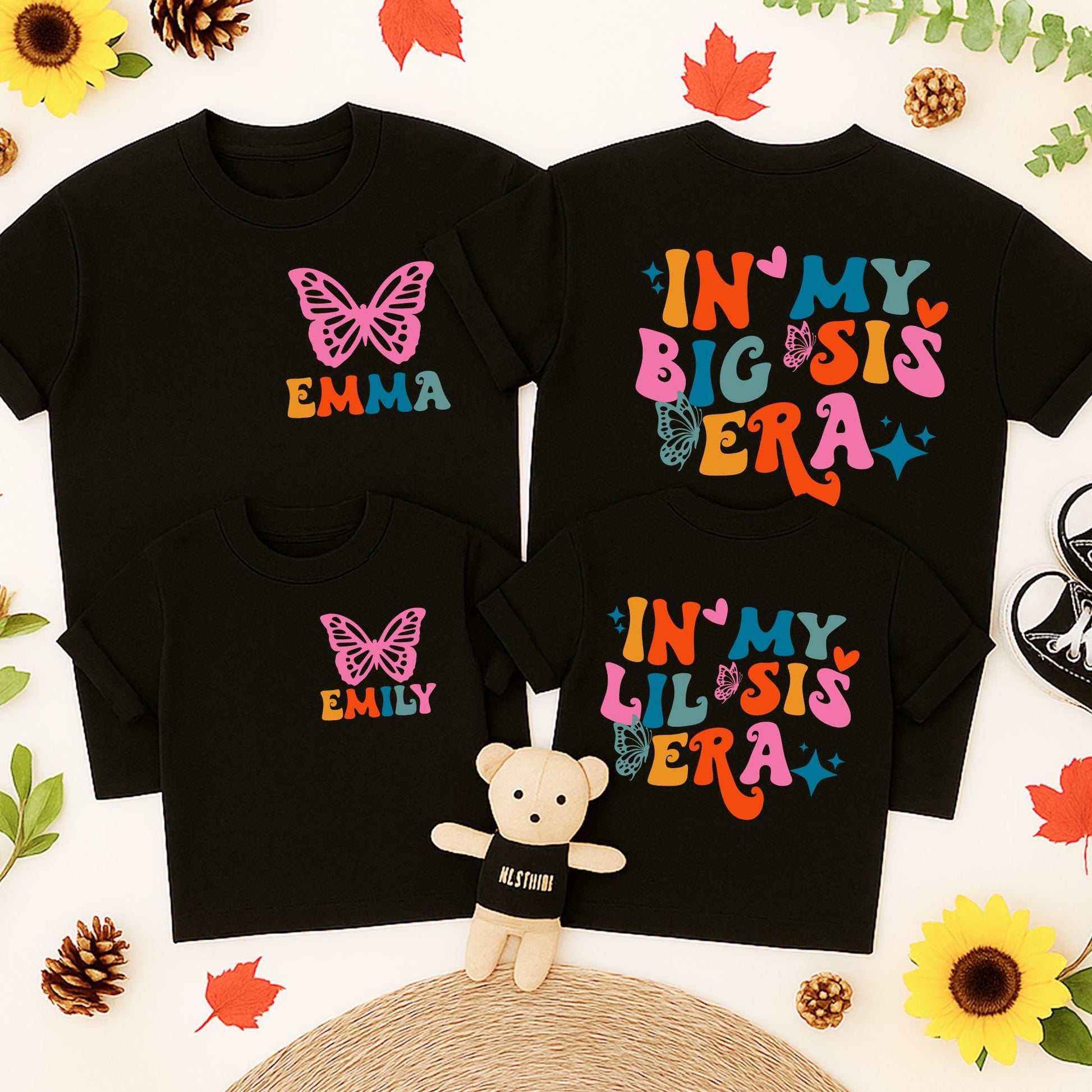 In My Big Sis Era Matching Retro Toddler Tee Cute Big Little Sister Custom Crew Neck Butterfly & Stars