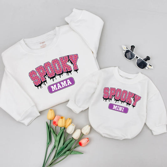 Spooky Mama Mini Matching Halloween Shirts Fun Family Outfits Checkerboard Orange Pink Dripping Design Soft Comfortable Spooky Season Tees