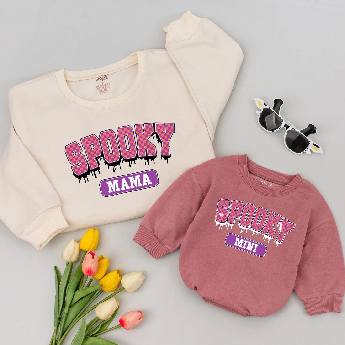 Spooky Mama Mini Matching Halloween Shirts Fun Family Outfits Checkerboard Orange Pink Dripping Design Soft Comfortable Spooky Season Tees