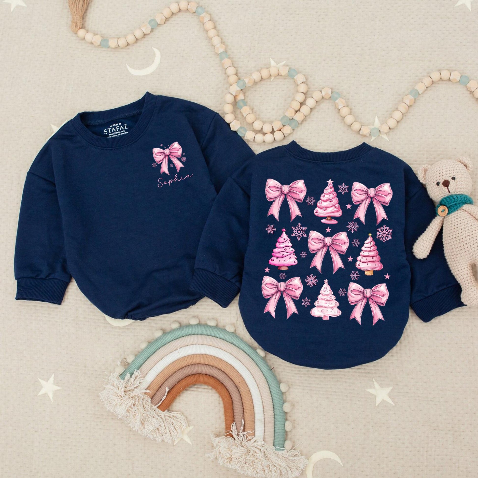 Custom Sophia Pink Bow Snowflake Christmas Romper Baby Girl Clothes, Xmas Holiday Outfit, First Christmas Bubble, Personalized