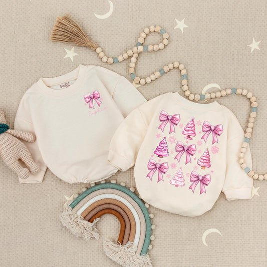 Custom Sophia Pink Bow Snowflake Christmas Romper Baby Girl Clothes, Xmas Holiday Outfit, First Christmas Bubble, Personalized