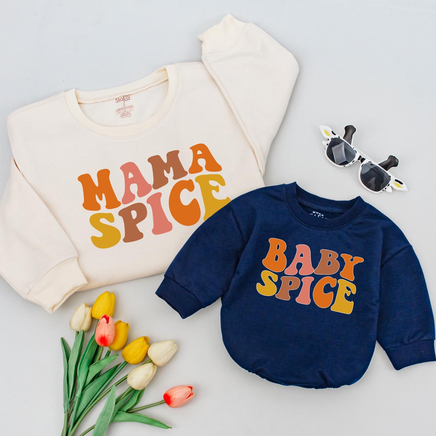 Mama Spice & Baby Spice Retro Shirts Mommy and Me Thanksgiving Fall Outfit Orange Gradient Design for Baby Girl, Toddler, Mom, Matching Family