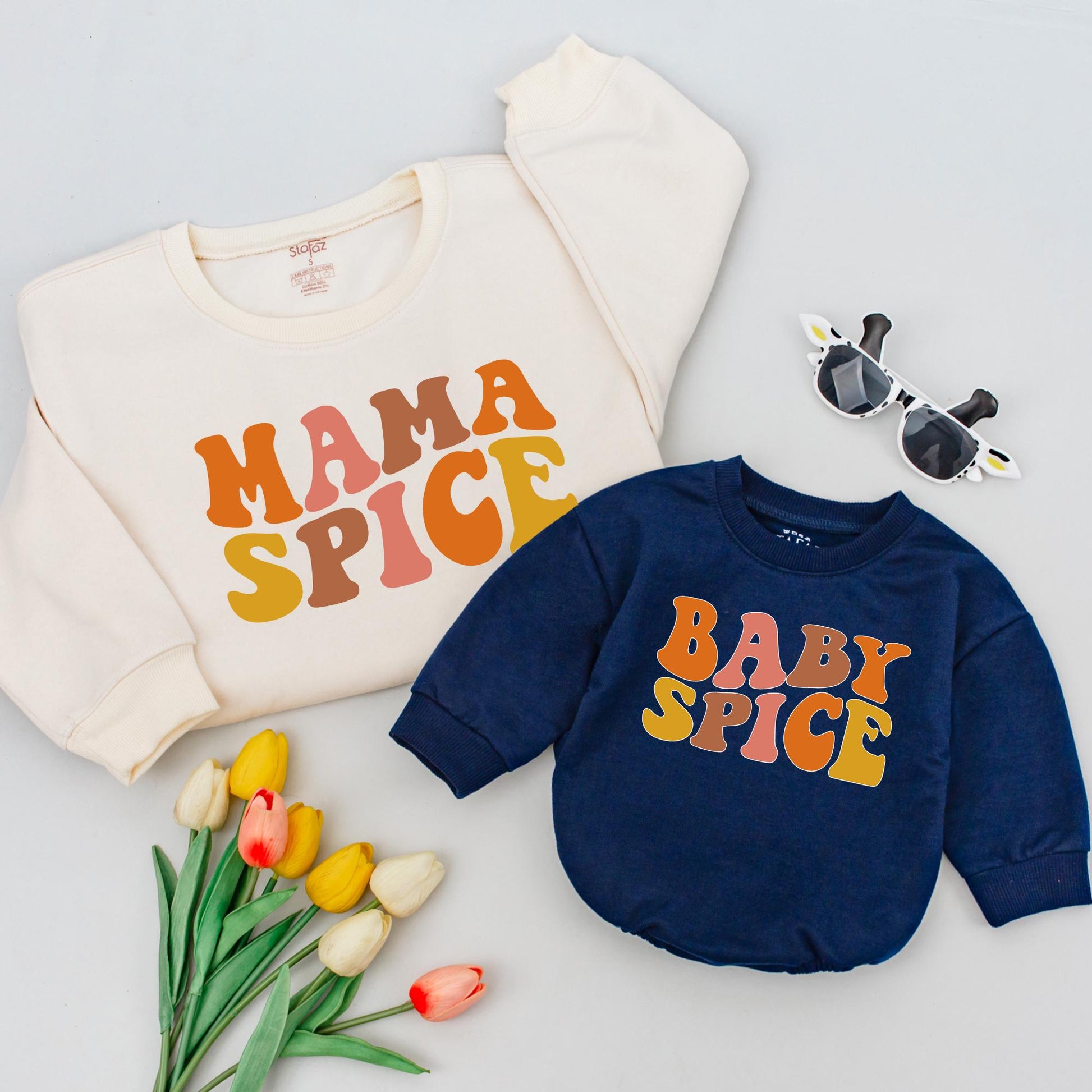 Mama Spice & Baby Spice Retro Shirts Mommy and Me Thanksgiving Fall Outfit Orange Gradient Design for Baby Girl, Toddler, Mom, Matching Family