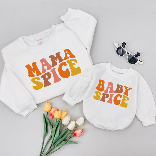 Mama Spice & Baby Spice Retro Shirts Mommy and Me Thanksgiving Fall Outfit Orange Gradient Design for Baby Girl, Toddler, Mom, Matching Family