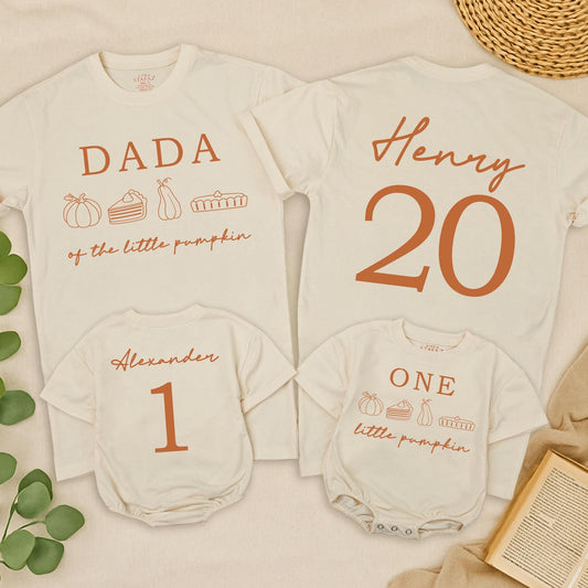 Our Little Pumpkin is One Fall Birthday Family Shirts Mommy and Me Custom Dad Autumn Vibes Orange Rust Rust
