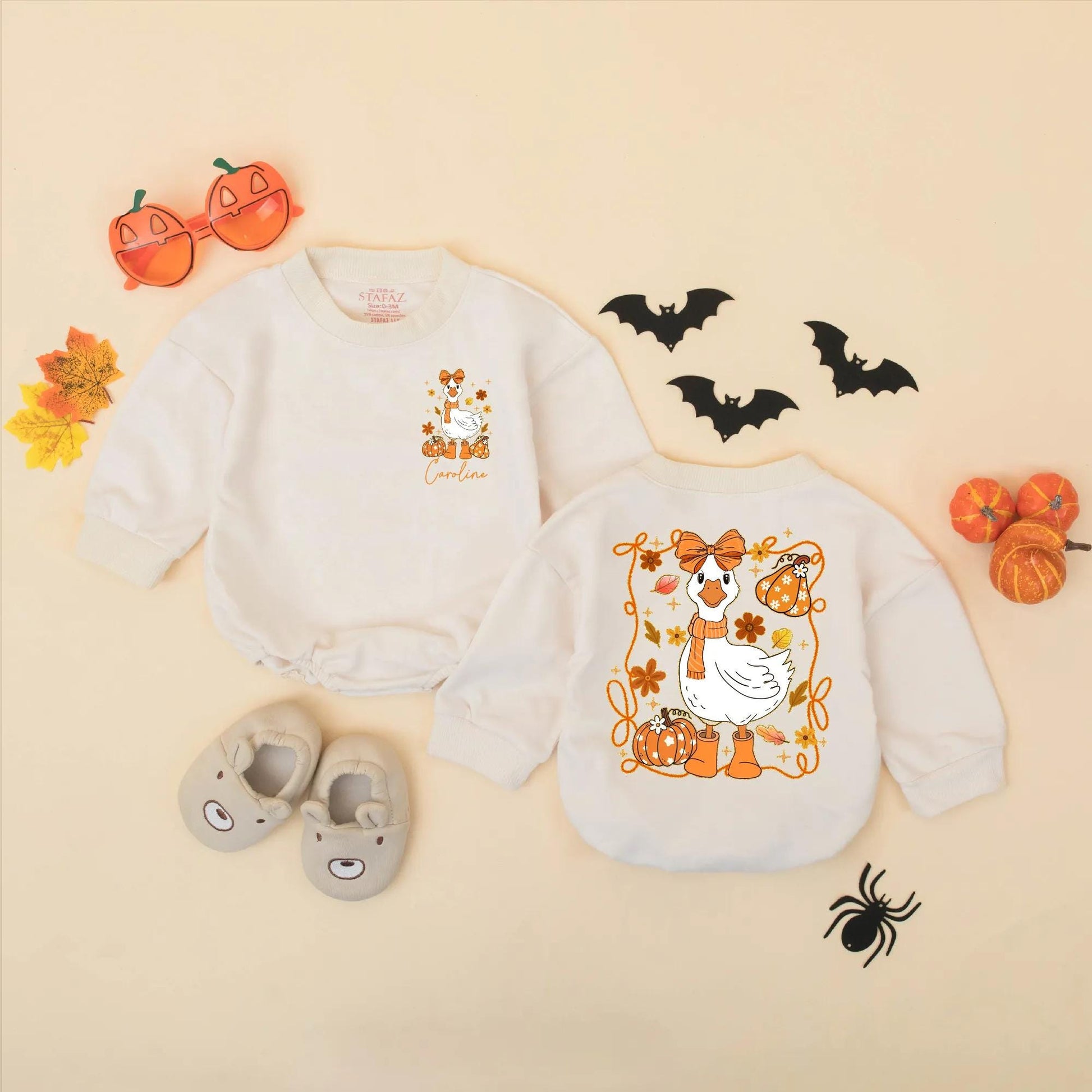 Personalized Caroline Fall Goose Baby Romper Cute Autumn Girly Bodysuit with Pumpkins Leaves Flowers Funny Thanksgiving Baby Clothes Gift