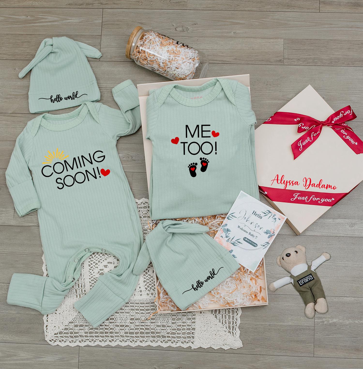 Twin Coming Soon Me Too Baby Outfit Gender Neutral Natural Ribbed Romper Set Funny Twin Pregnancy Announcement Baby Shower Gift