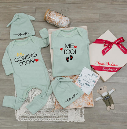 Twin Coming Soon Me Too Baby Outfit Gender Neutral Natural Ribbed Romper Set Funny Twin Pregnancy Announcement Baby Shower Gift