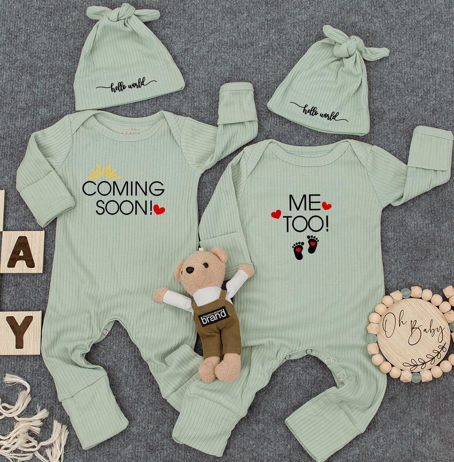 Twin Coming Soon Me Too Baby Outfit Gender Neutral Natural Ribbed Romper Set Funny Twin Pregnancy Announcement Baby Shower Gift