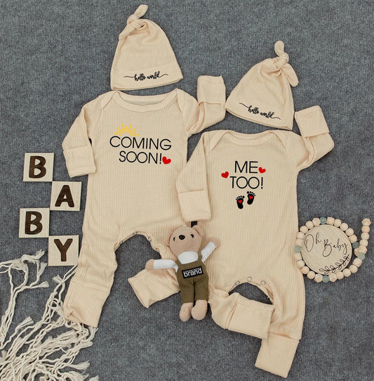 Twin Coming Soon Me Too Baby Outfit Gender Neutral Natural Ribbed Romper Set Funny Twin Pregnancy Announcement Baby Shower Gift