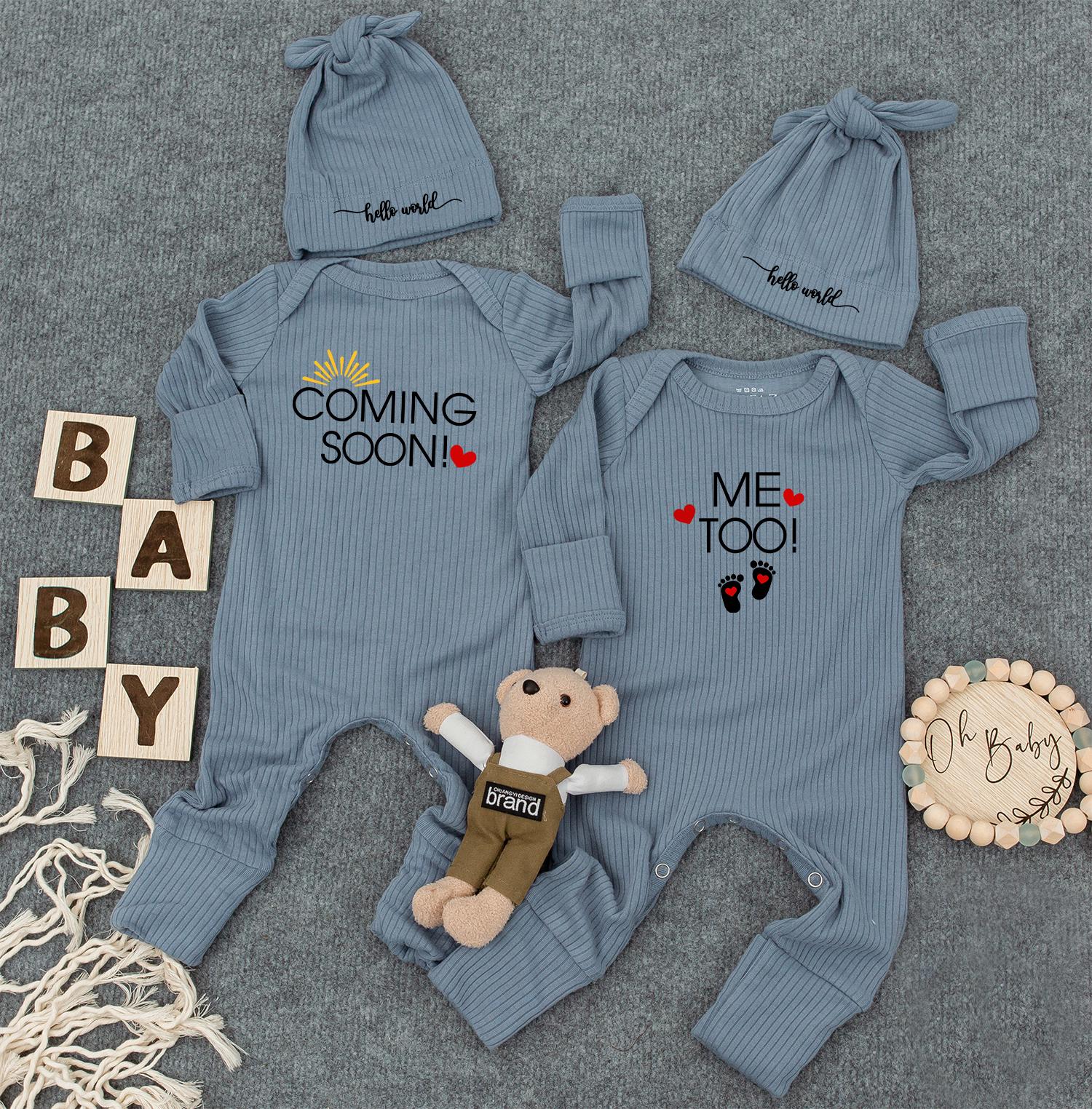 Twin Coming Soon Me Too Baby Outfit Gender Neutral Natural Ribbed Romper Set Funny Twin Pregnancy Announcement Baby Shower Gift