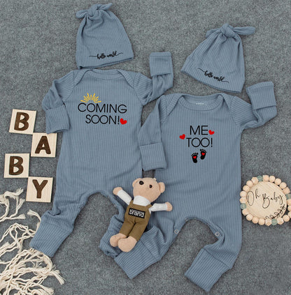 Twin Coming Soon Me Too Baby Outfit Gender Neutral Natural Ribbed Romper Set Funny Twin Pregnancy Announcement Baby Shower Gift
