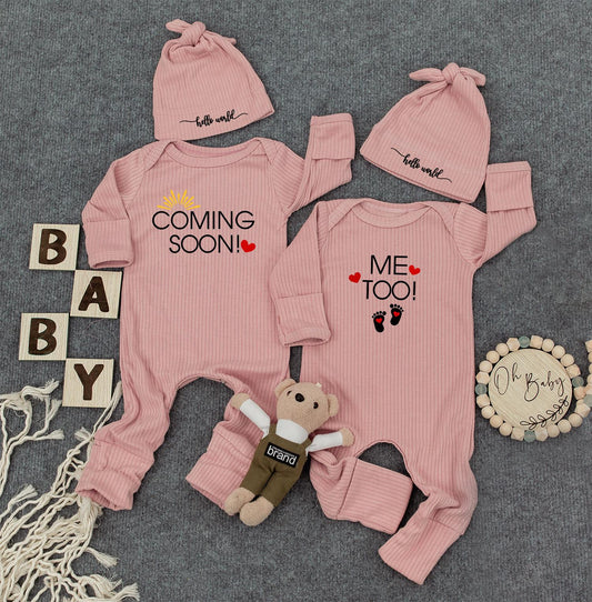 Twin Coming Soon Me Too Baby Outfit Gender Neutral Natural Ribbed Romper Set Funny Twin Pregnancy Announcement Baby Shower Gift
