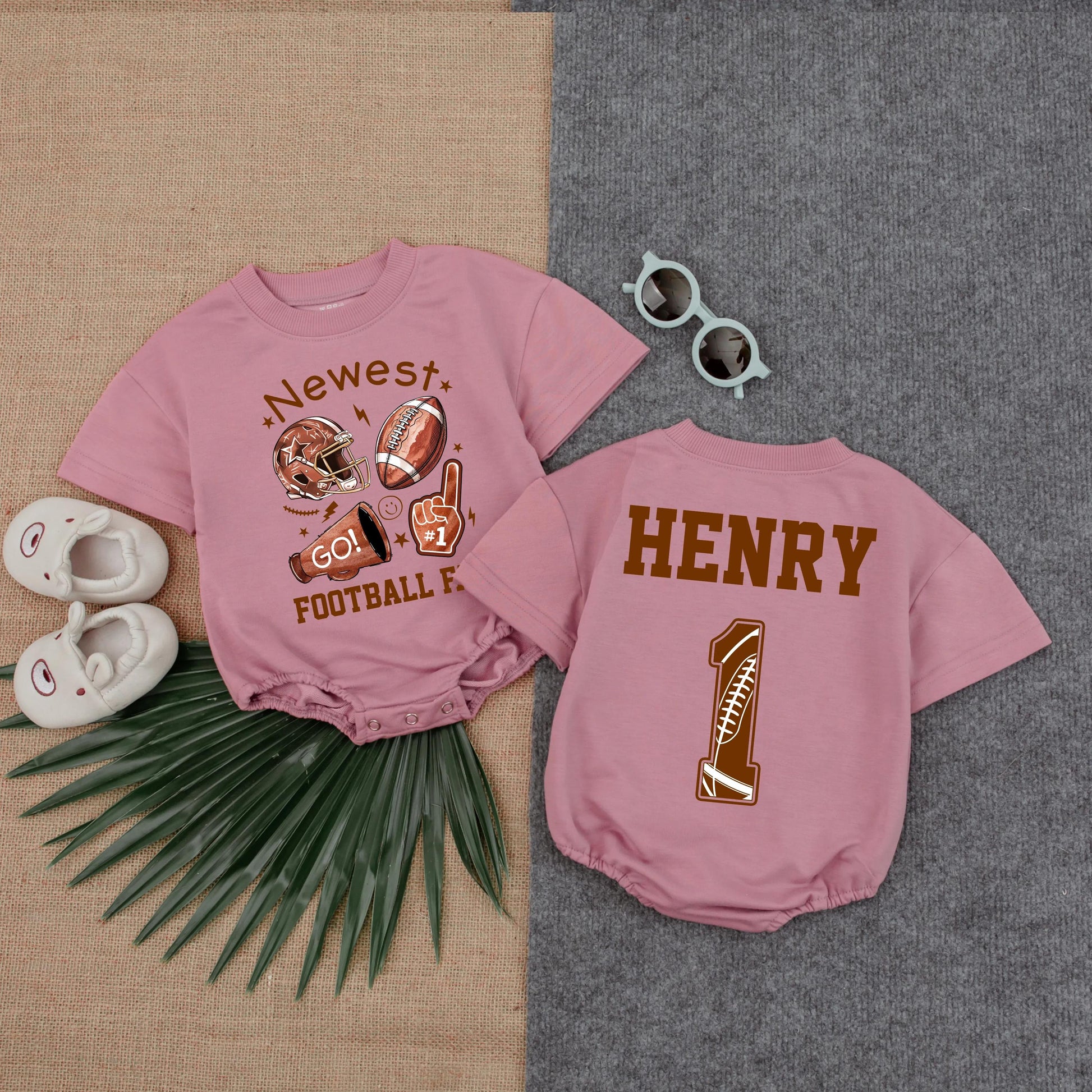 Personalized Newest Football Fan Baby Romper, Custom HENRY Number 1 Bodysuit, First Birthday Game Day Outfit, Football Baby Gift, Soft Cotton 138