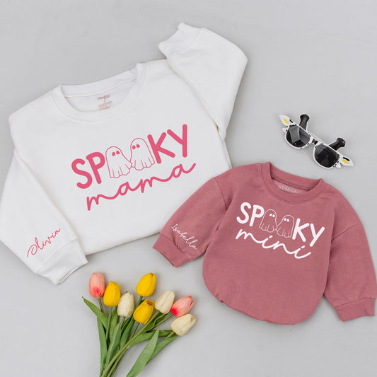 Spooky Mama & Mini Halloween Shirts: Matching Ghost Family Outfits, Personalized Sleeve Names, Cute Mommy and Me Tops, Comfy Spooky Season Style (139)
