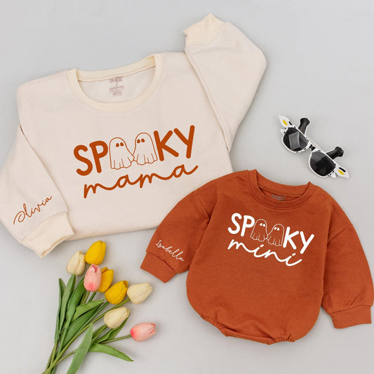 Spooky Mama & Mini Halloween Shirts: Matching Ghost Family Outfits, Personalized Sleeve Names, Cute Mommy and Me Tops, Comfy Spooky Season Style (139)