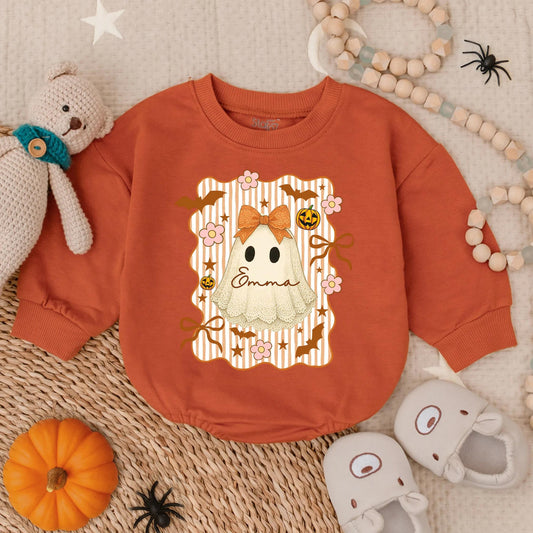 Custom Lace Halloween Ghost Romper for Baby Girl Vintage Spooky Cute Infant Bodysuit with Name Emma