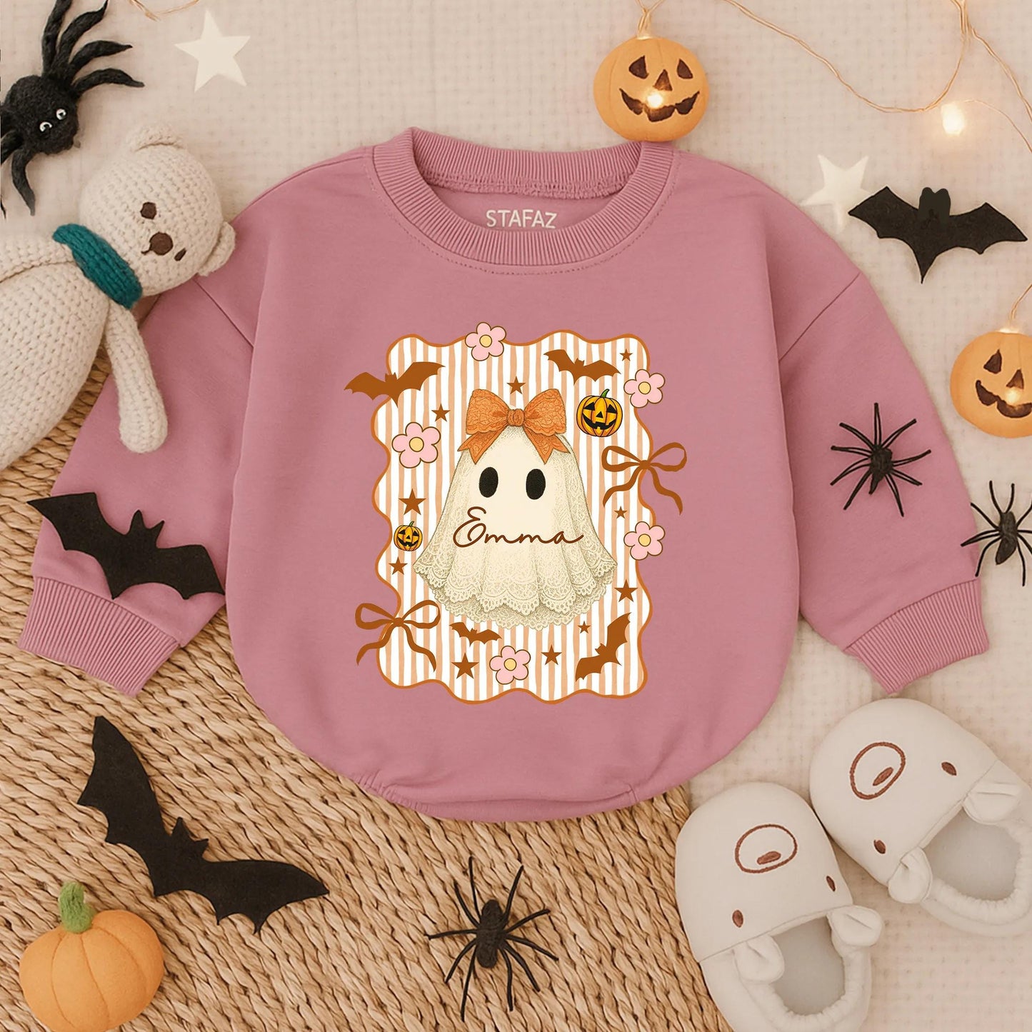 Custom Lace Halloween Ghost Romper for Baby Girl Vintage Spooky Cute Infant Bodysuit with Name Emma