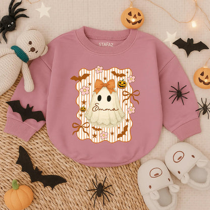 Custom Lace Halloween Ghost Romper for Baby Girl Vintage Spooky Cute Infant Bodysuit with Name Emma