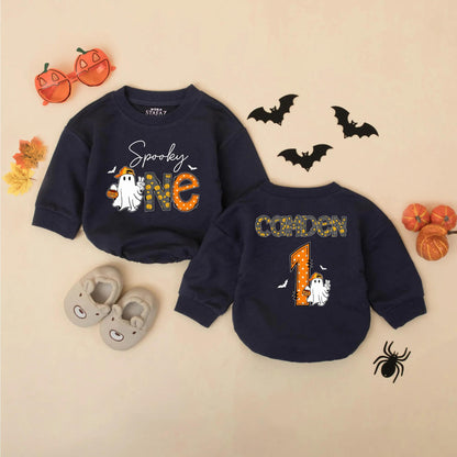 Spooky One Birthday Romper: Personalized Halloween Outfit for Baby Boy, Ghost with Pumpkin, Fall Party Clothes, Cute 1st Birthday Gift, Custom Name Outfit (139 chars)