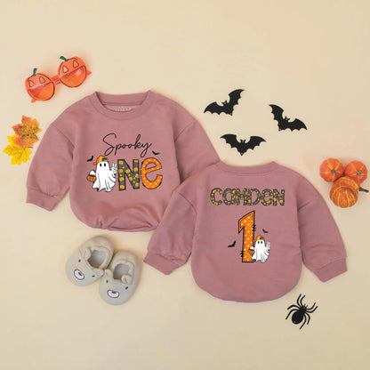 Spooky One Birthday Romper: Personalized Halloween Outfit for Baby Boy, Ghost with Pumpkin, Fall Party Clothes, Cute 1st Birthday Gift, Custom Name Outfit (139 chars)