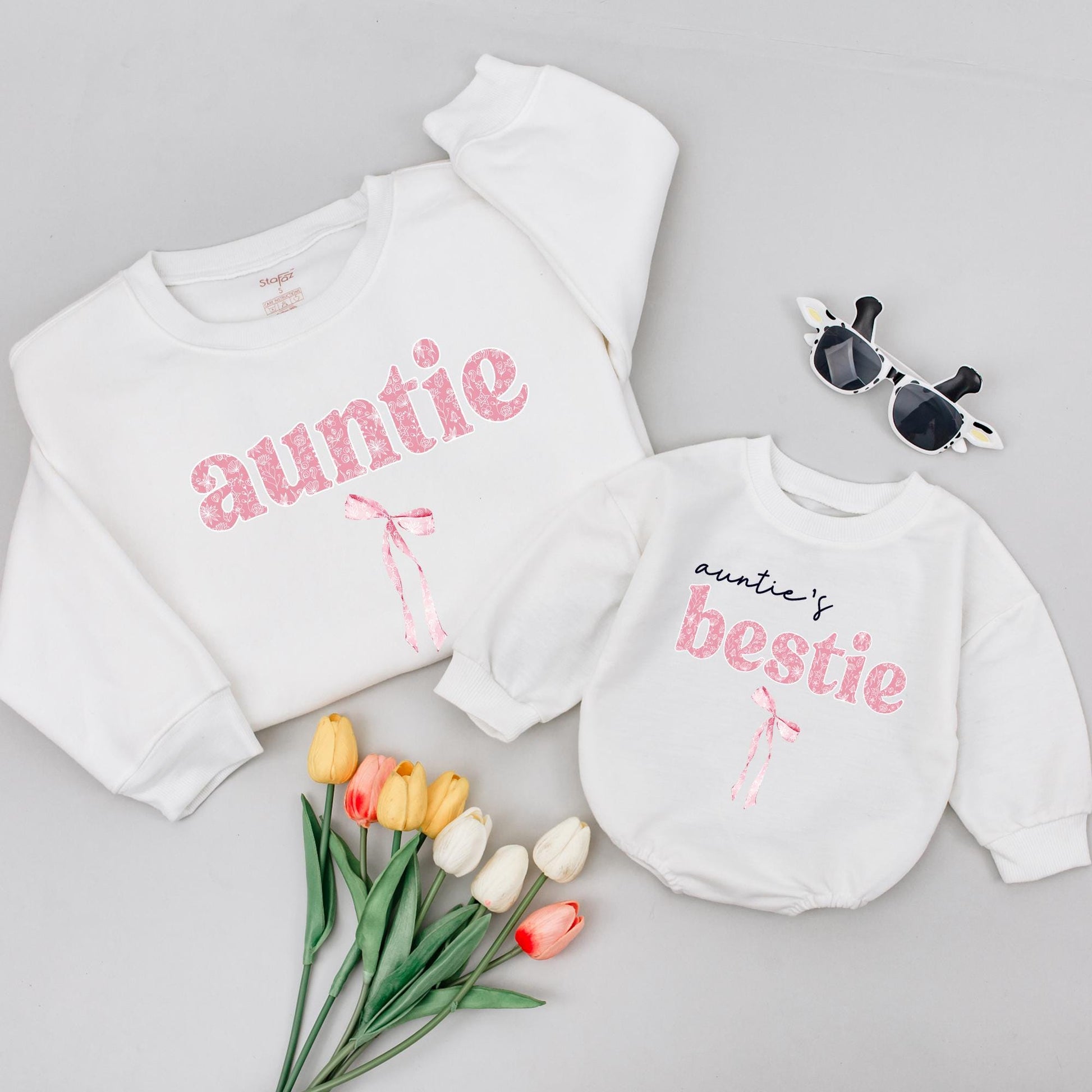 Matching Auntie & Auntie's Bestie Outfits: Pink Floral Bow Baby Announcement Sweatshirt, Shirts, Adorable Aunt Niece Set, Feminine Cotton Comfort (139 chars)