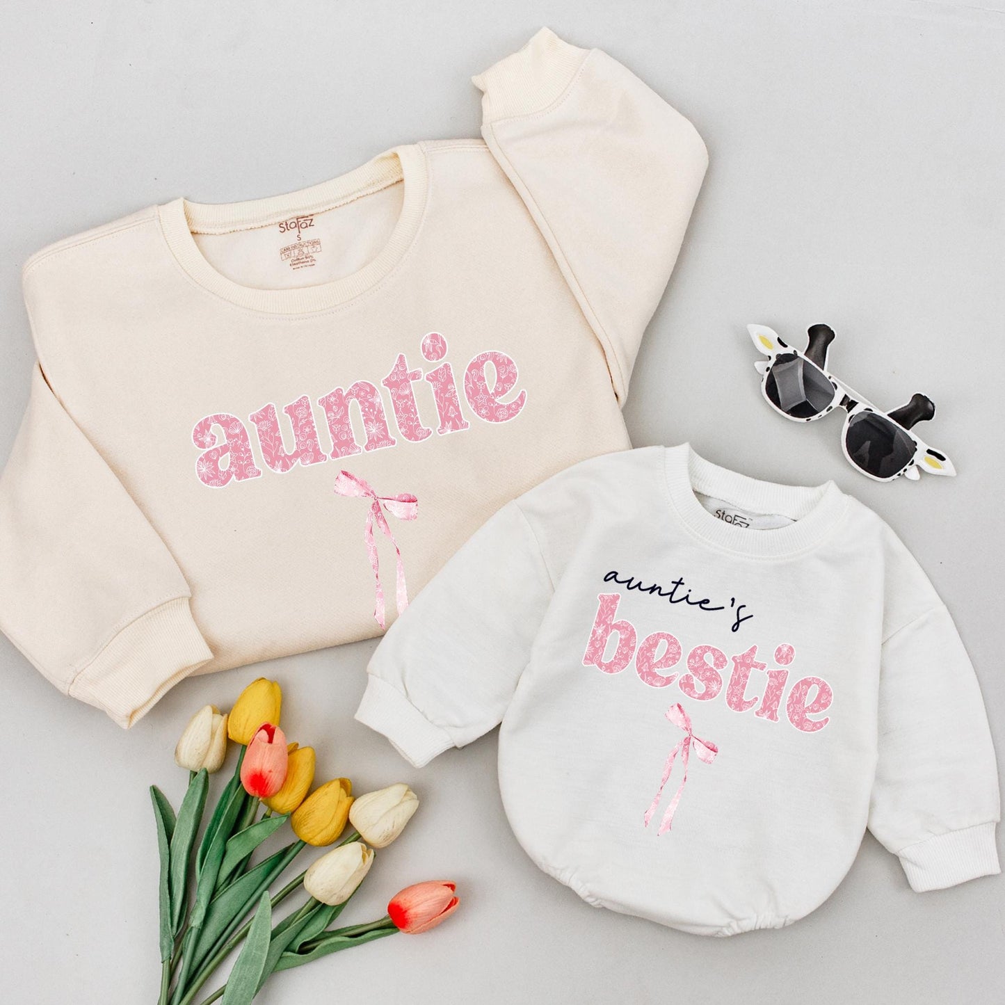 Matching Auntie & Auntie's Bestie Outfits: Pink Floral Bow Baby Announcement Sweatshirt, Shirts, Adorable Aunt Niece Set, Feminine Cotton Comfort (139 chars)