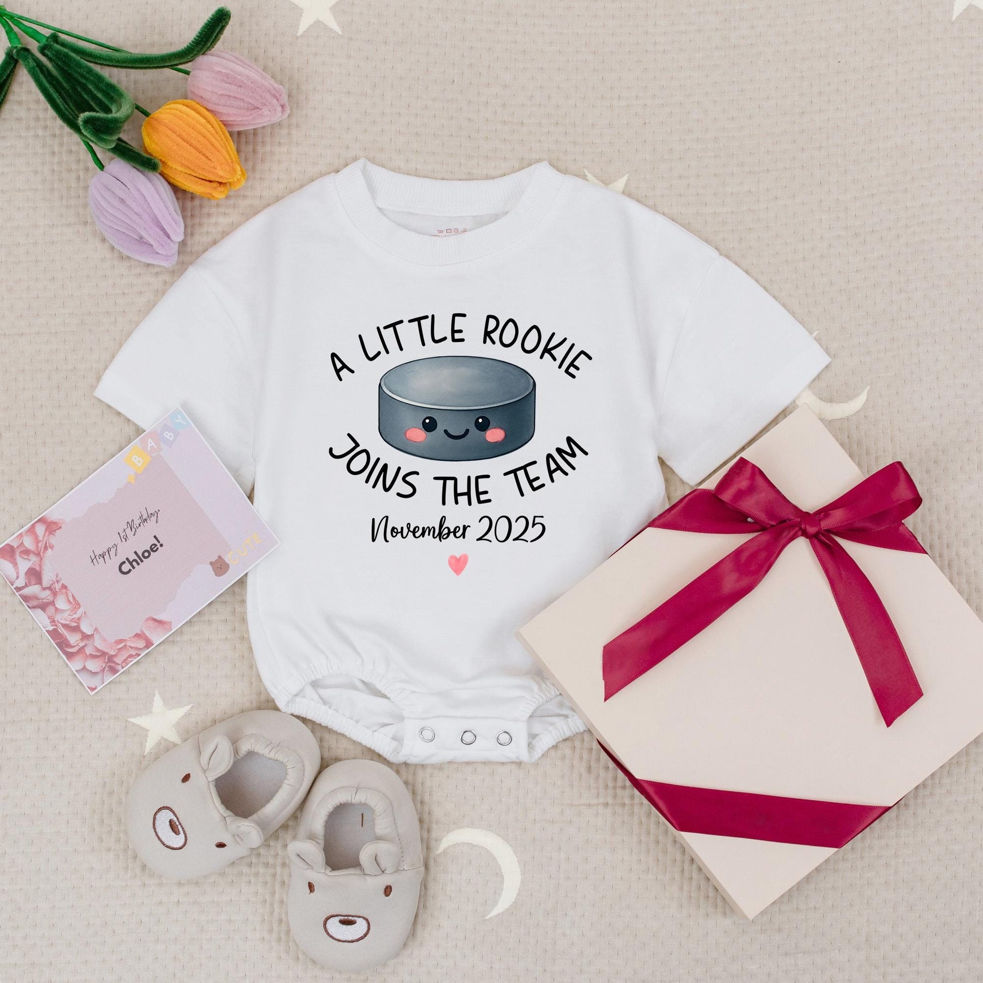 Custom A Little Rookie Joins The Team Hockey Baby Announcement Romper, Baby Reveal Outfit, Hockey Fan Gift, November 2025