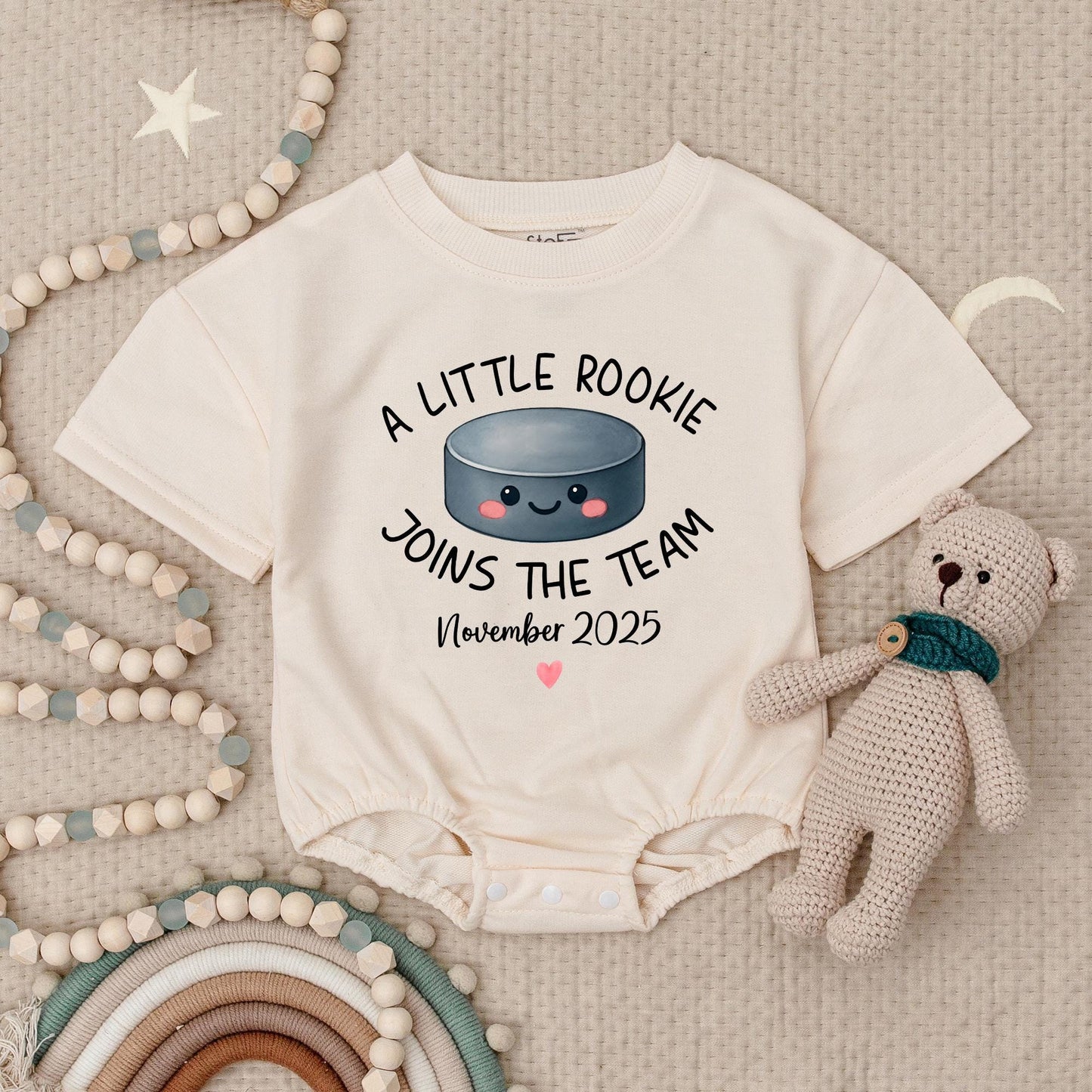 Custom A Little Rookie Joins The Team Hockey Baby Announcement Romper, Baby Reveal Outfit, Hockey Fan Gift, November 2025