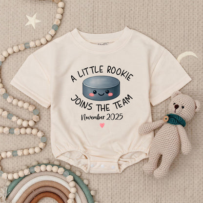 Custom A Little Rookie Joins The Team Hockey Baby Announcement Romper, Baby Reveal Outfit, Hockey Fan Gift, November 2025