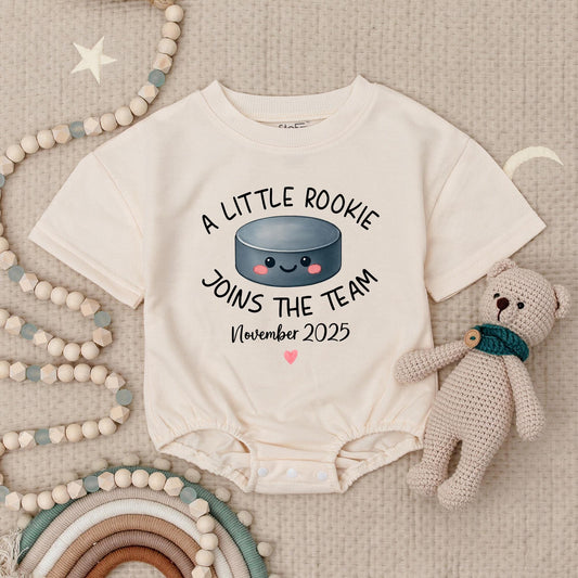 Custom A Little Rookie Joins The Team Hockey Baby Announcement Romper, Baby Reveal Outfit, Hockey Fan Gift, November 2025